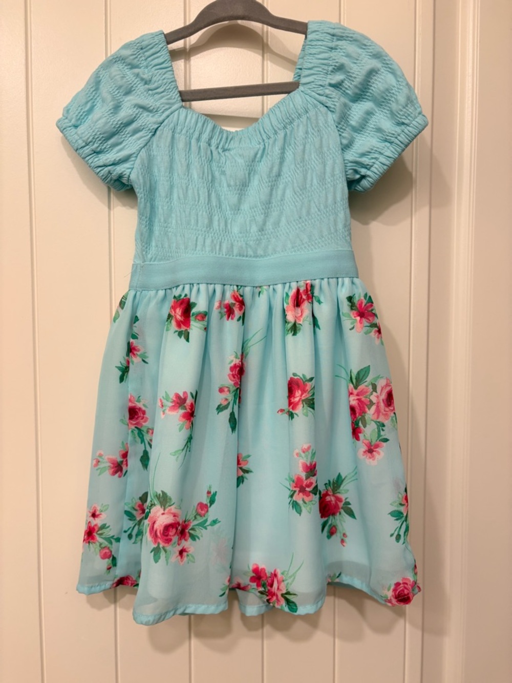 Children’s Place Aqua and Pink Floral Dress Crinkle Top Elastic Girls Size 4 XS